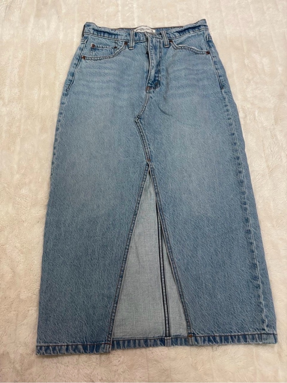 Abercrombie & Fitch Classic Blue Denim Midi Skirt with Front Slit